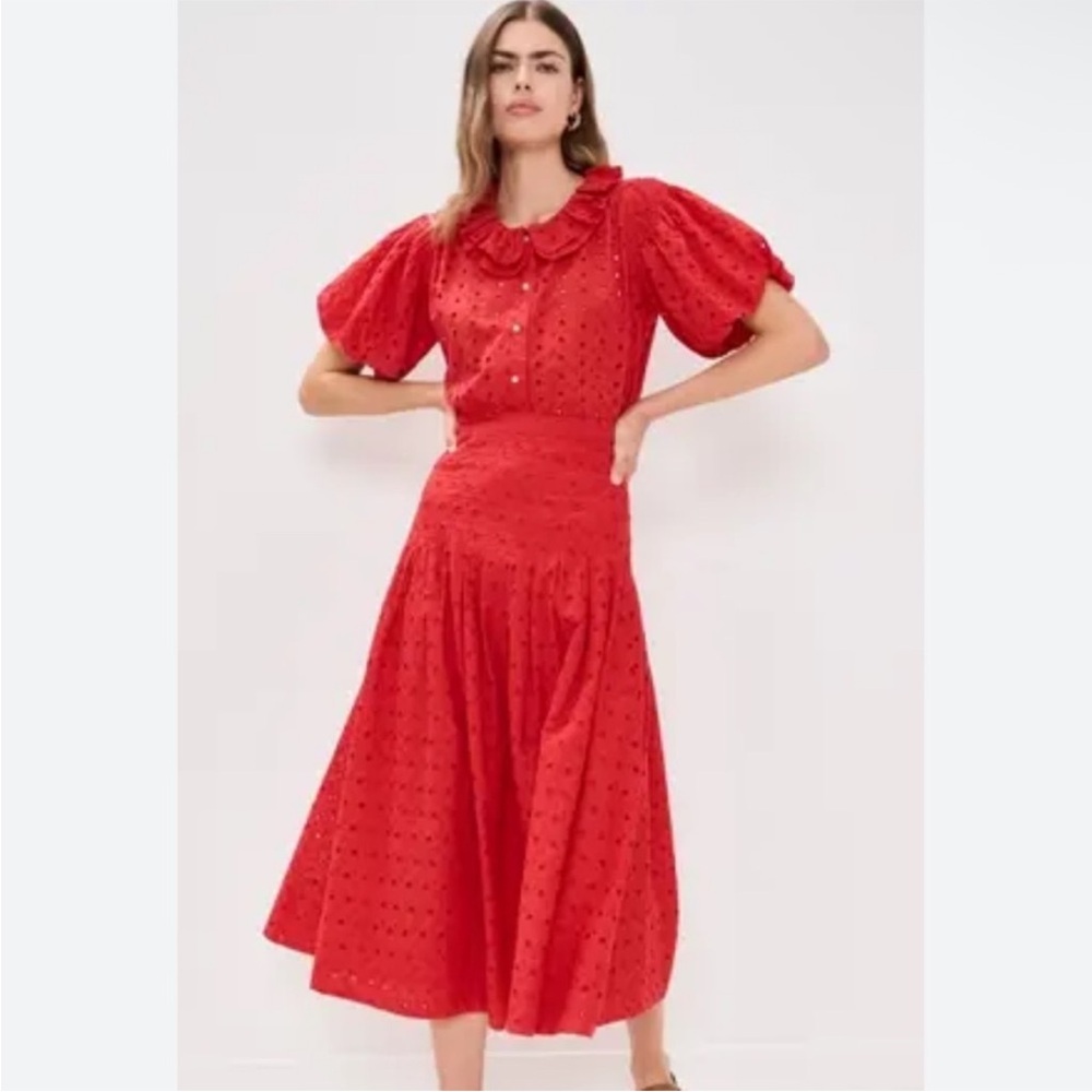 The Great The Rhythm Eyelet Cotton Midi Skirt in Red Rose size large $295 msrp - Picture 3 of 12